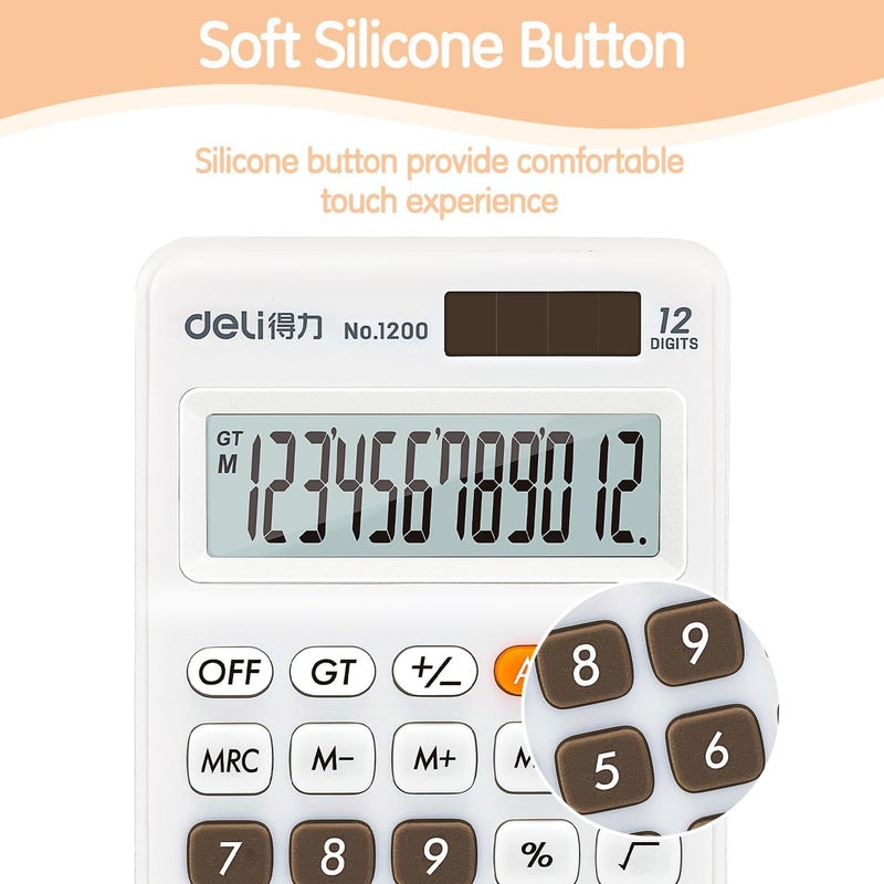 Deli Standard Function Basic Calculator, 12 Digit Desktop Calculator with Large LCD Display, Solar Battery Dual Power Office Calculators, White - Image 5